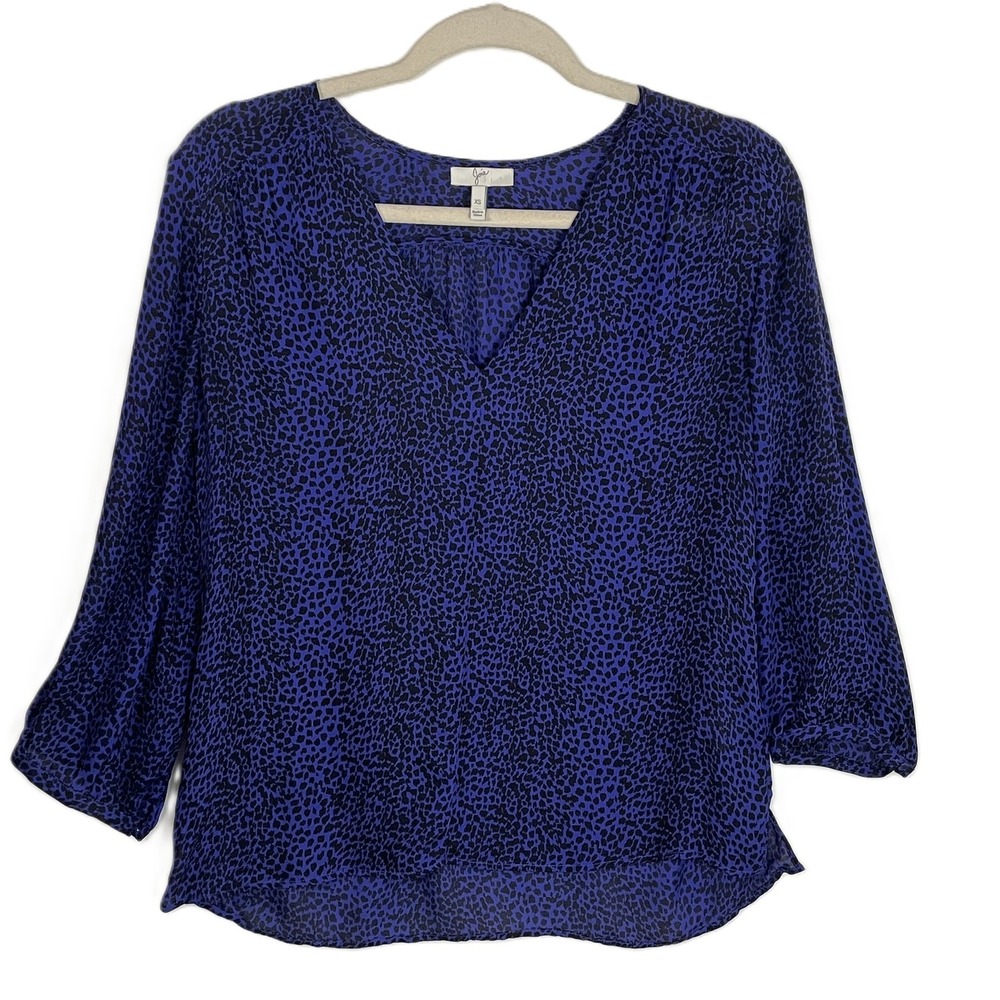 Joie XS Silk Leopard Print‎ Blouse Purple Black V-Neck 3/4 Sleeve